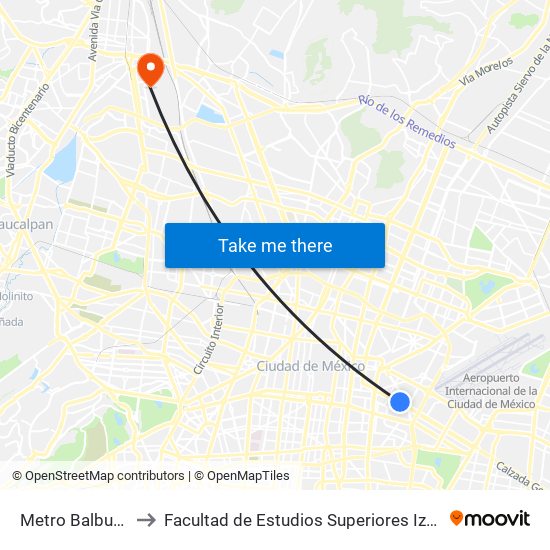 Metro Balbuena to Facultad de Estudios Superiores Iztacala map
