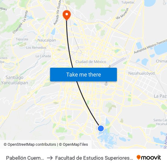 Pabellón Cuemanco to Facultad de Estudios Superiores Iztacala map