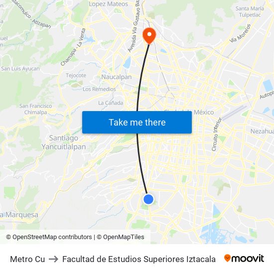 Metro Cu to Facultad de Estudios Superiores Iztacala map