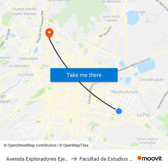Avenida Exploradores Ejercito de Oriente, 274 to Facultad de Estudios Superiores Iztacala map