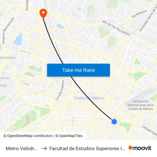 Metro Velódromo to Facultad de Estudios Superiores Iztacala map