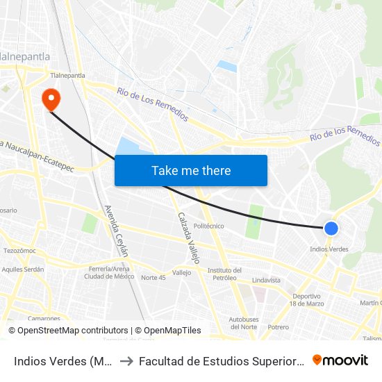 Indios Verdes (Mexibús) to Facultad de Estudios Superiores Iztacala map