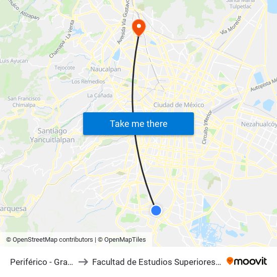 Periférico - Gran Sur to Facultad de Estudios Superiores Iztacala map