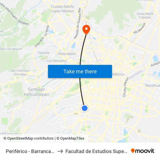 Periférico - Barranca del Muerto to Facultad de Estudios Superiores Iztacala map
