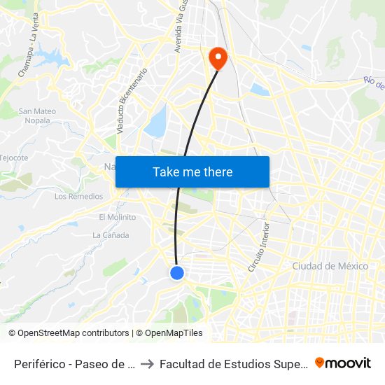 Periférico - Paseo de Las Palmas to Facultad de Estudios Superiores Iztacala map