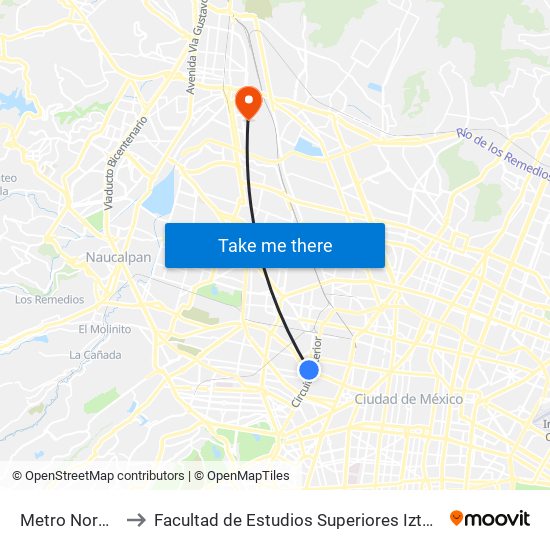 Metro Normal to Facultad de Estudios Superiores Iztacala map