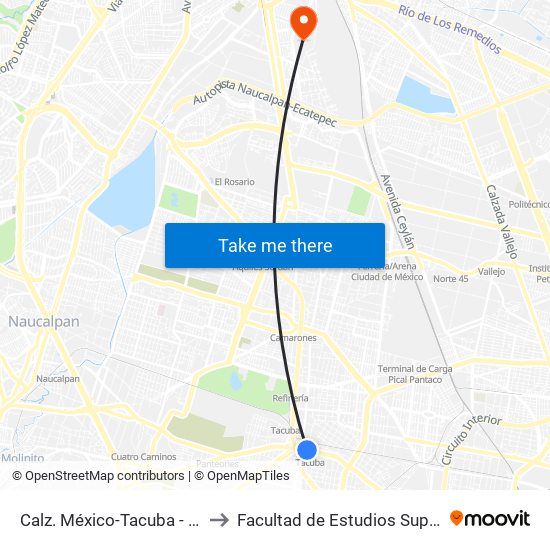 Calz. México-Tacuba - Metro Tacuba to Facultad de Estudios Superiores Iztacala map