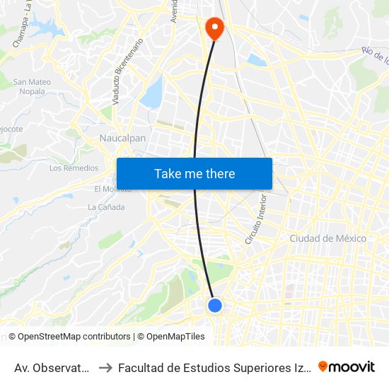 Av. Observatorio to Facultad de Estudios Superiores Iztacala map