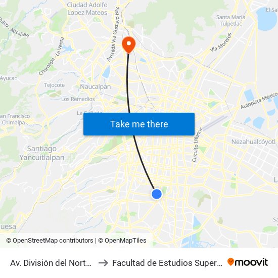 Av. División del Norte - América to Facultad de Estudios Superiores Iztacala map