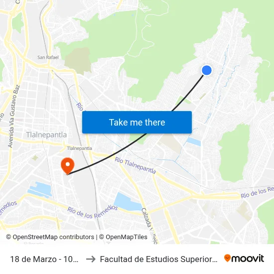 18 de Marzo - 100 Metro to Facultad de Estudios Superiores Iztacala map