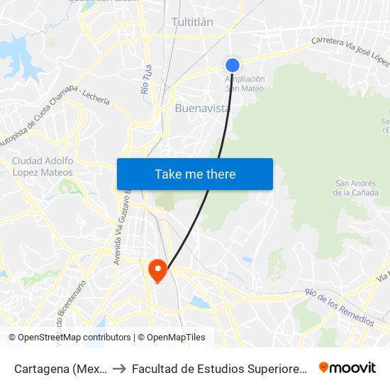 Cartagena (Mexibús) to Facultad de Estudios Superiores Iztacala map