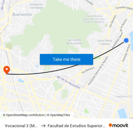 Vocacional 3 (Mexibus) to Facultad de Estudios Superiores Iztacala map