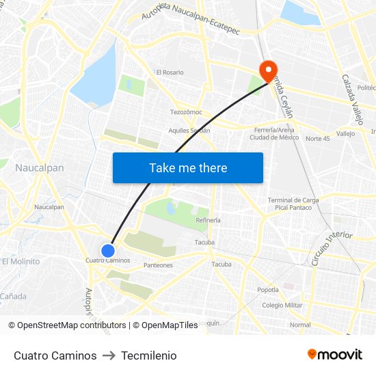 Cuatro Caminos to Tecmilenio map