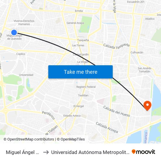 Miguel Ángel de Quevedo to Universidad Autónoma Metropolitana Unidad Xochimilco map