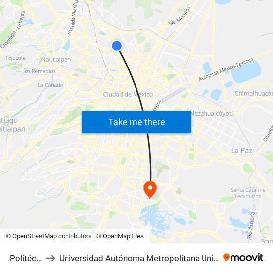 Politécnico to Universidad Autónoma Metropolitana Unidad Xochimilco map