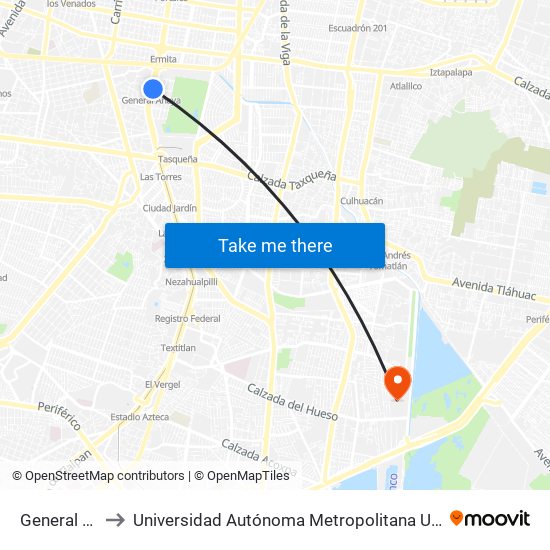 General Anaya to Universidad Autónoma Metropolitana Unidad Xochimilco map