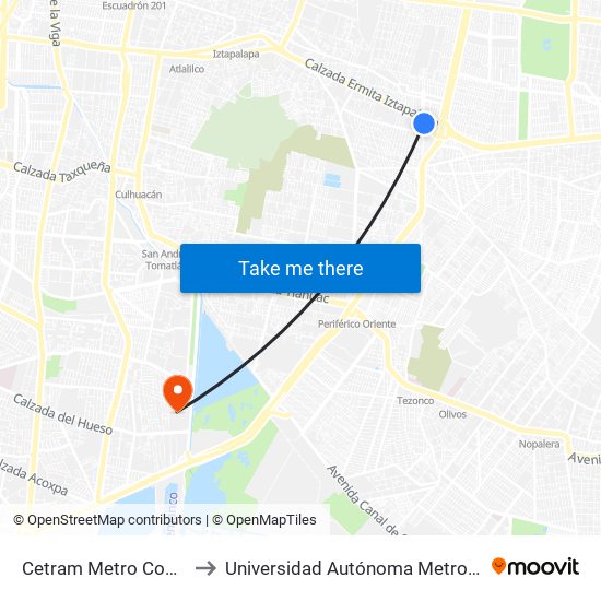 Cetram Metro Constitución de 1917 to Universidad Autónoma Metropolitana Unidad Xochimilco map