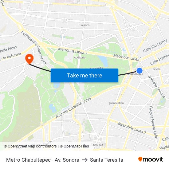 Metro Chapultepec - Av. Sonora to Santa Teresita map