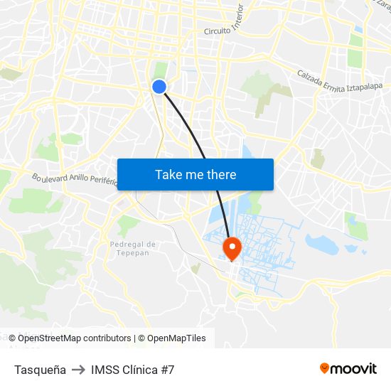 Tasqueña to IMSS Clínica #7 map