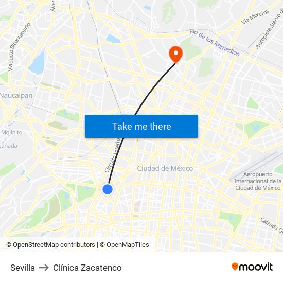 Sevilla to Clínica Zacatenco map