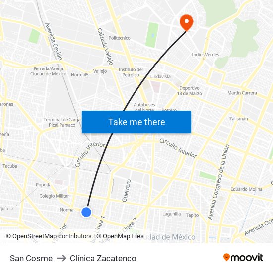 San Cosme to Clínica Zacatenco map