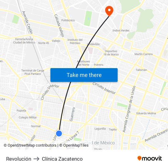 Revolución to Clínica Zacatenco map