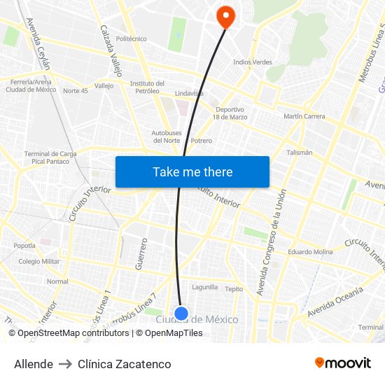 Allende to Clínica Zacatenco map