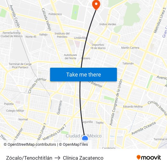 Zócalo/Tenochtitlán to Clínica Zacatenco map