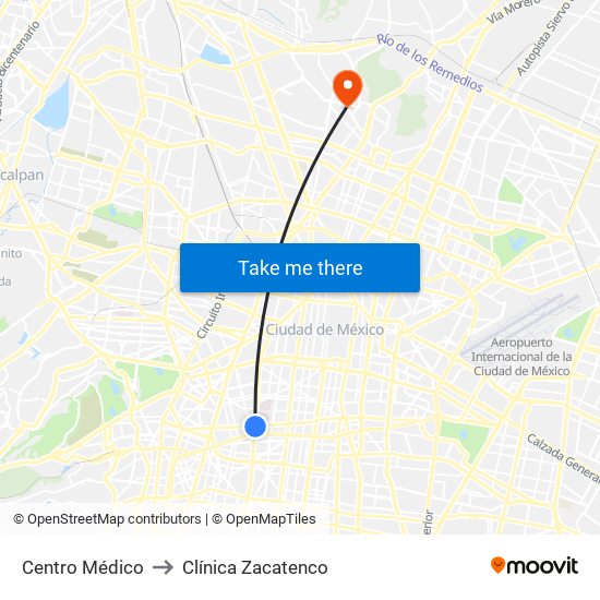 Centro Médico to Clínica Zacatenco map