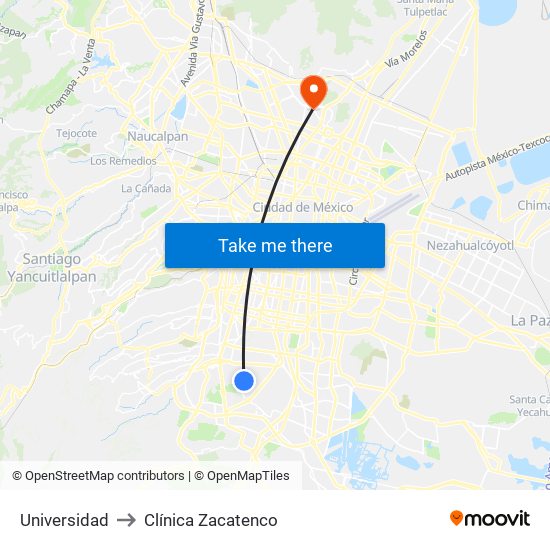 Universidad to Clínica Zacatenco map