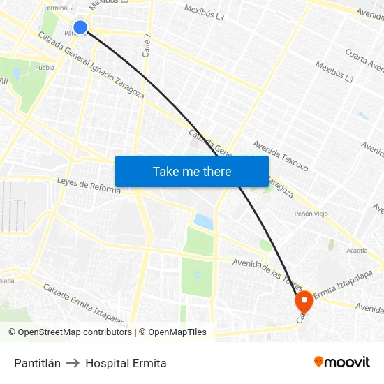 Pantitlán to Hospital Ermita map