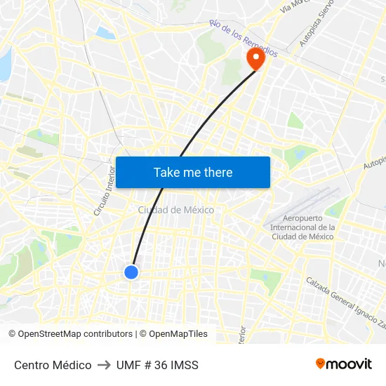 Centro Médico to UMF # 36 IMSS map