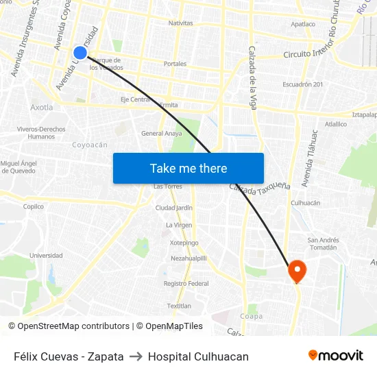 Félix Cuevas - Zapata to Hospital Culhuacan map
