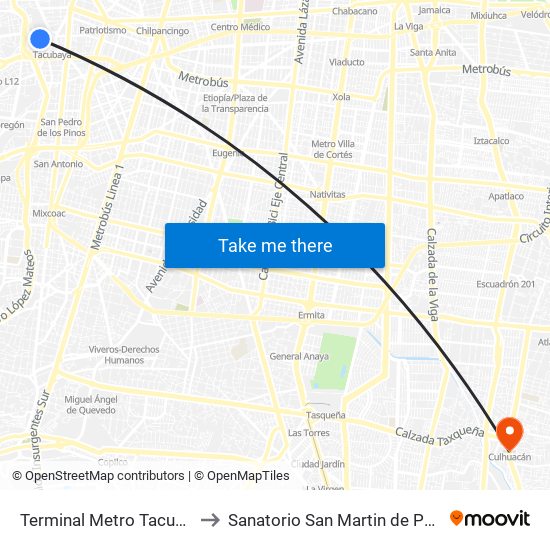 Terminal Metro Tacubaya to Sanatorio San Martin de Porres map