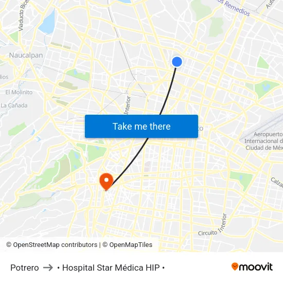 Potrero to • Hospital Star Médica HIP • map