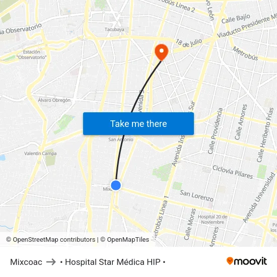 Mixcoac to • Hospital Star Médica HIP • map