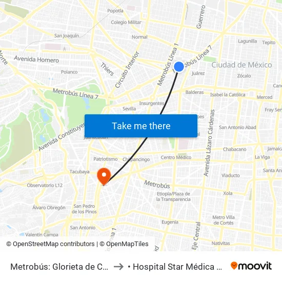 Metrobús: Glorieta de Colón to • Hospital Star Médica HIP • map