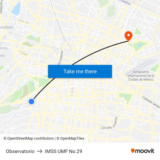 Observatorio to IMSS UMF No.29 map