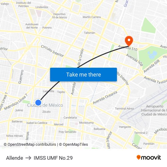 Allende to IMSS UMF No.29 map