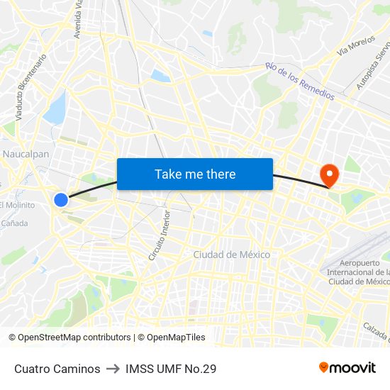 Cuatro Caminos to IMSS UMF No.29 map