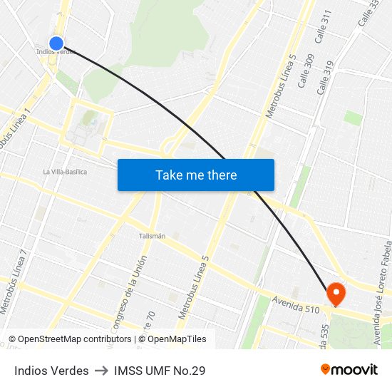Indios Verdes to IMSS UMF No.29 map