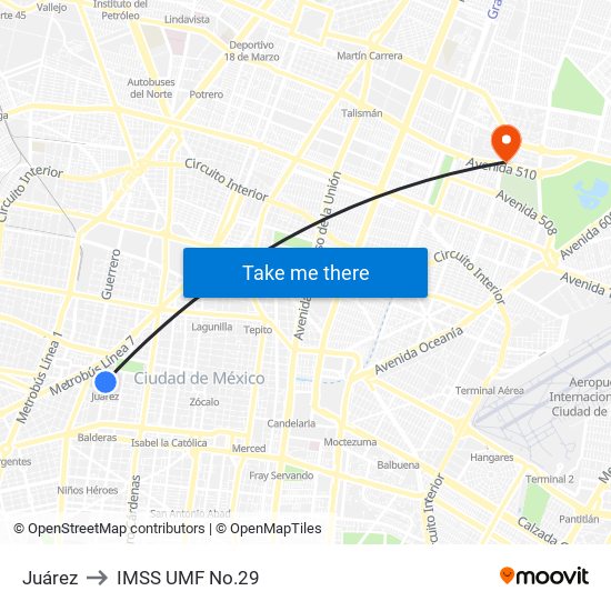 Juárez to IMSS UMF No.29 map