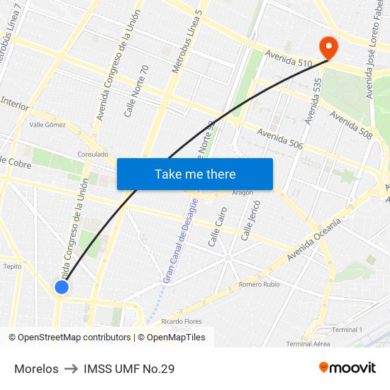 Morelos to IMSS UMF No.29 map