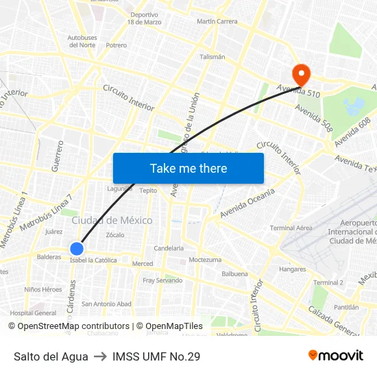 Salto del Agua to IMSS UMF No.29 map