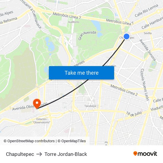 Chapultepec to Torre Jordan-Black map