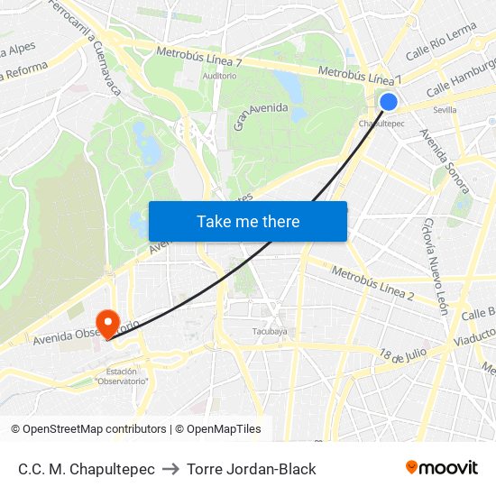 C.C. M. Chapultepec to Torre Jordan-Black map