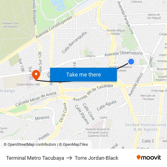 Terminal Metro Tacubaya to Torre Jordan-Black map