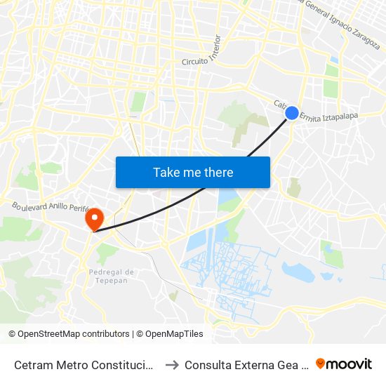 Cetram Metro Constitución de 1917 to Consulta Externa Gea González map