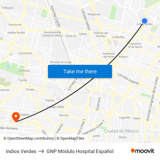 Indios Verdes to GNP Módulo Hospital Español map