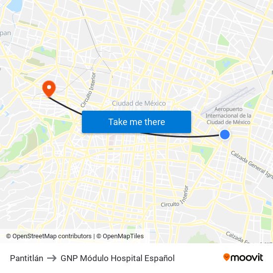 Pantitlán to GNP Módulo Hospital Español map